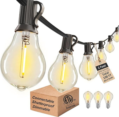 Outdoor String Lights 100FT Patio Lights Waterproof for Backyard Porch Deck | 2FT Bulbs Spacing, 100FT Connectable Outside Lighting with 43 Shatterproof Dimmable LED Edison Bulbs for Garden Balcony Party
