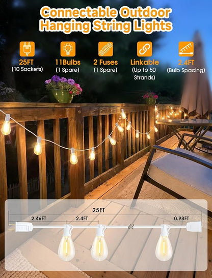 Larkvue 25FT LED Outdoor String Lights, 10+1 Edison S11 Dimmable Bulb Waterproof Shatterproof Patio Lights, Linkable Hanging Strand for Yard, White