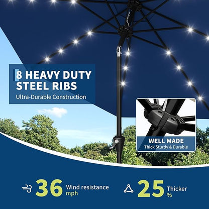 Garvee 9FT Solar Patio Umbrella with 32 LED Lights - Outdoor Table Umbrella with Crank Lift, Push Button Tilt and 8 Sturdy Ribs - Market Umbrella UV Protection for Pool, Deck, Yard, Garden -Navy Blue