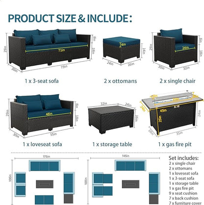 Patio Furniture Set 45-Inch Outdoor Fire Pits 8 PCS Outdoor Furniture Sets Patio Couch Outdoor Chairs 60000BTU Outdoor Propane Fire Pit Table No-Slip Cushions and Waterproof Covers, Peacock Blue