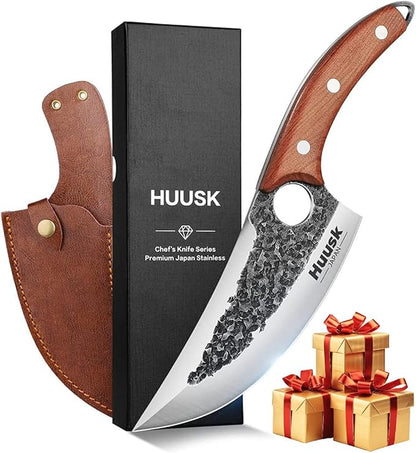 Huusk Chef Knife - Upgraded Viking Hand Forged Meat Cleaver With Sheath - Japanese Butcher Curved Boning Knife for Cutting, Cooking, Kitchen, Outdoor Camping, and BBQ, Gifts for Men Women