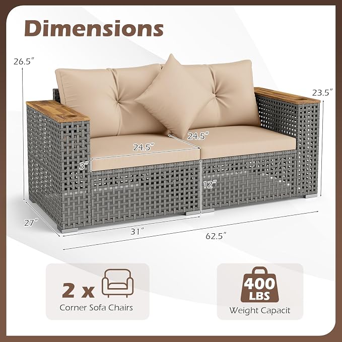 Tangkula 62.5" Large Patio Wicker Loveseat with Acacia Wood Armrests & Cup Holders, Outdoor 2-Piece Rattan Corner Sofa with Cushions, Sectional Conversation Set for Garden Backyard Porch Balcony