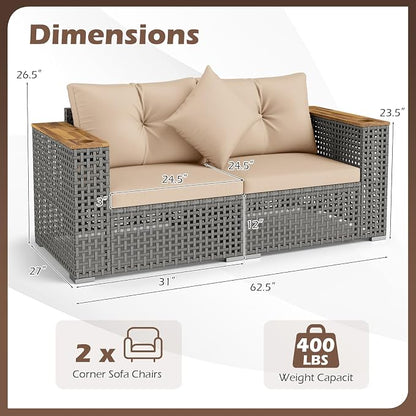 Tangkula 62.5" Large Patio Wicker Loveseat with Acacia Wood Armrests & Cup Holders, Outdoor 2-Piece Rattan Corner Sofa with Cushions, Sectional Conversation Set for Garden Backyard Porch Balcony