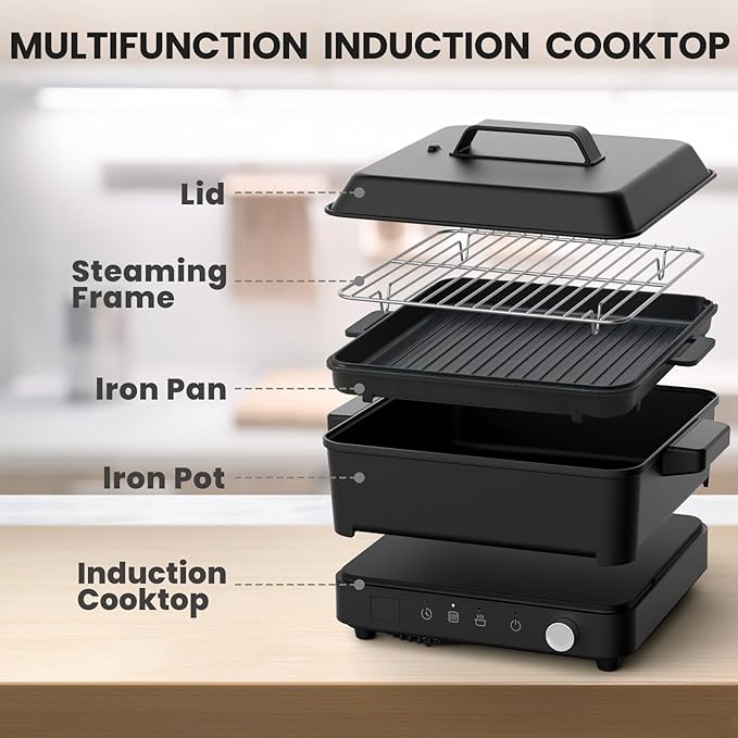 Portable Induction Cooktop, 1500W Induction Cooktop with 6 Temperature 8 Power Settings, 99 Minutes Timer, Including 8L Cast Iron Cooking Pot and Cast Iron Pan