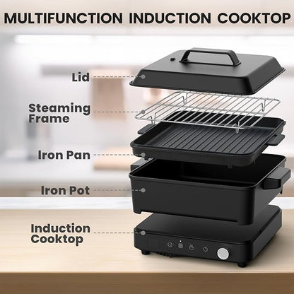 Portable Induction Cooktop, 1500W Induction Cooktop with 6 Temperature 8 Power Settings, 99 Minutes Timer, Including 8L Cast Iron Cooking Pot and Cast Iron Pan