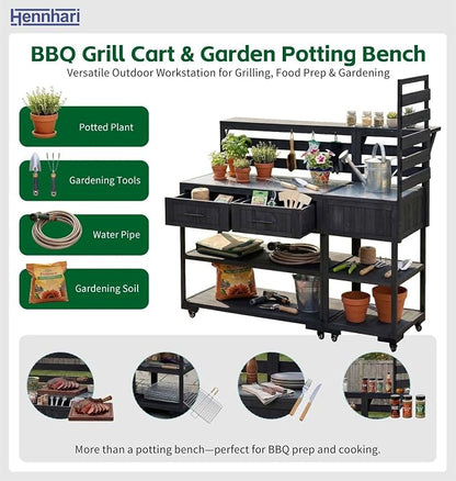 62.3'' Outdoor Kitchen Island with Stainless Steel Top and Raised Shelf, Potting Bench with Drawers and Wheels, Grill Prep Table for BBQ, Patio, Party (Black)