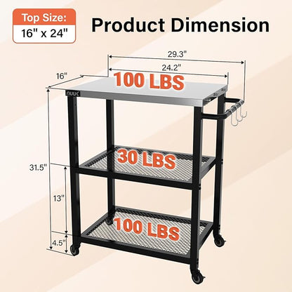 NUUK Rolling Outdoor Grill Cart with Wheel 16" x 24", Stainless Steel Table Top Pizza Oven Stand, BBQ Size Prep Table Outside Kitchen Cabinet for Garden Backyard Barbecue