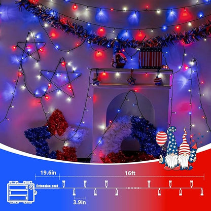 QITONG 4 Pack Red White Blue String Lights Battery Operated, Each 16ft 50 LED 4th of July Christmas Lights Outdoor, 8 Modes Green Wire Patriotic Lights Indoor for Independence Memorial Day Decor