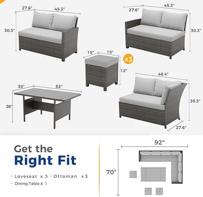 Wisteria Lane 7 Piece Patio Furniture Set, High Curved Back Wicker Patio Sectional, All Weather Outdoor Dining Set, Outdoor Furniture Patio Conversation Set with Ottoman, Ash Gray