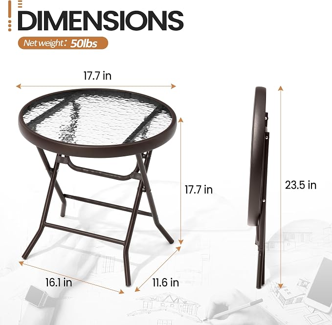 Foldable Side Table with Tempered Glass Top, Brown | 18" Small Patio Side Tables Outdoor for Porch Yard Balcony Deck Lawn Garden