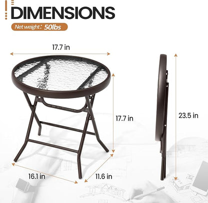 Foldable Side Table with Tempered Glass Top, Brown | 18" Small Patio Side Tables Outdoor for Porch Yard Balcony Deck Lawn Garden