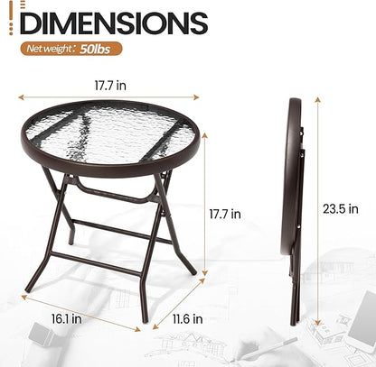 Foldable Side Table with Tempered Glass Top, 2 Pack Brown | 18" Small Patio Side Tables Outdoor for Porch Yard Balcony Deck Lawn Garden