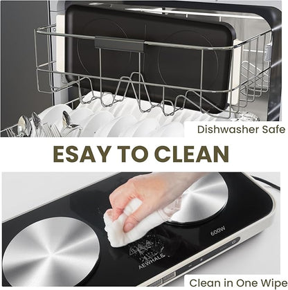 AEWHALE Countertop Double Burners with Removable Griddle Pan Non-stick,1200W+600W Electric Hot Plate with Sensor Touch for Adjustable Temperature/Time