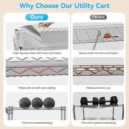 YNN Heavy Duty 3 Tier Utility Rolling Kitchen Cart on Wheels 990LB Capacity | Metal Utility Cart with Wheels Serving Cart Commercial Grade Carts with Wire Shelving & Handle Bar for Kitchen Office School