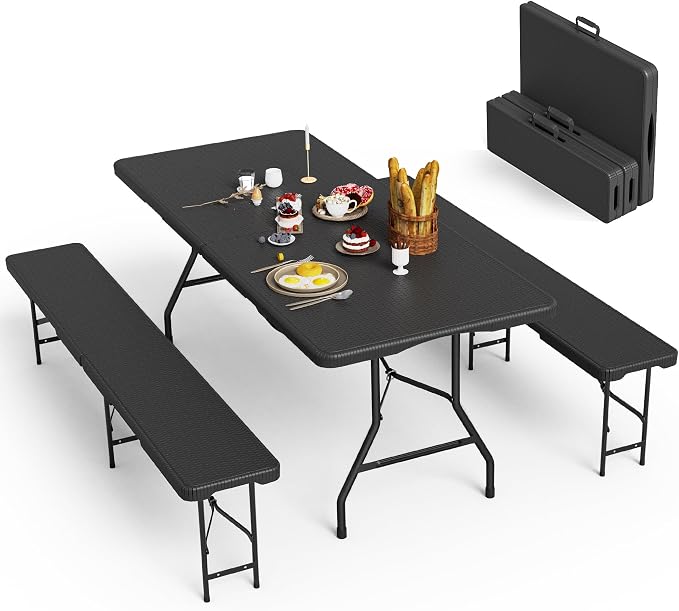 VSOAEIL 6 Foot Folding Picnic Table Set with 2 Benches, Camping Table Chair Set, HDPE Rattan Pattern Top, 3-Piece Portable Indoor Outdoor Furniture with Safety Locks & Handle for Party Camping, Black