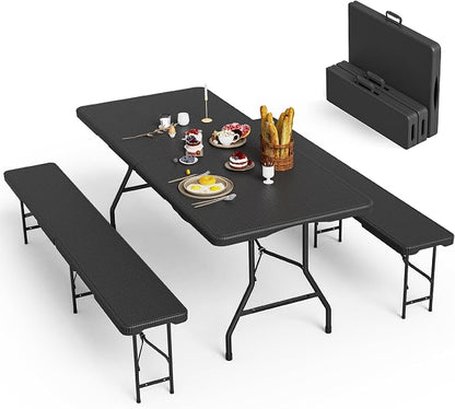 VSOAEIL 6 Foot Folding Picnic Table Set with 2 Benches, Camping Table Chair Set, HDPE Rattan Pattern Top, 3-Piece Portable Indoor Outdoor Furniture with Safety Locks & Handle for Party Camping, Black