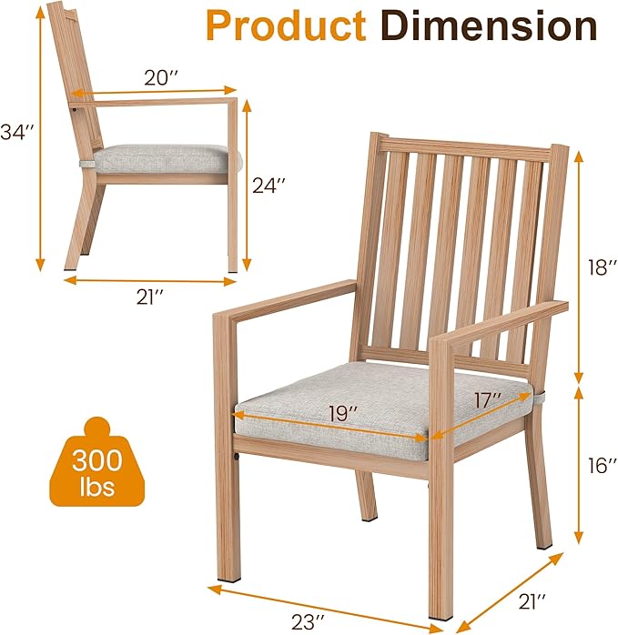 FansaFurn Patio Dining Chairs Set of 2, Aluminum Outdoor Patio Chairs with Waterproof Cushions, Metal Outdoor Patio Furniture Set for Porch, Balcony, Deck, Backyard, Light Wood Color
