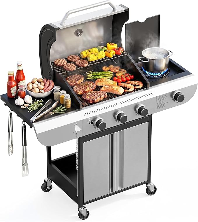 COWSAR 3-Burner Propane Gas Grill with Side Burner, 34,000 BTU Stainless Steel BBQ Grill with Porcelain-Enameled Cast Iron Grates, Outdoor Barbecue Grill for Patio Garden Cooking
