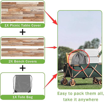 JAWO Rustic Farmhouse Country Wood Plank Picnic Table Cover with Bench Covers, Camper RV Essentials Gear Supplies Outdoor Waterproof Windproof Tablecloth with Elastic, 30X72in