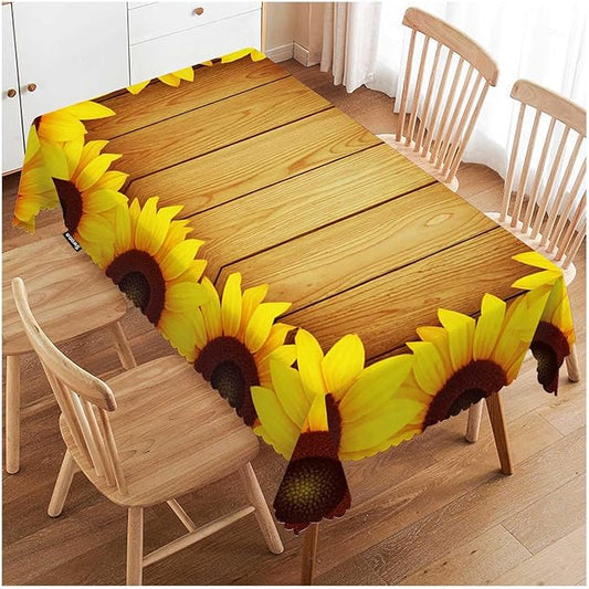 Swono Tablecloth 52"X70" Sunflowers, Beautiful Sunflowers Wooden Plank Rectangle Table Cover Anti-Oil Tablecloth for Dining Tables, Parties, Wedding and Banquet Decoration
