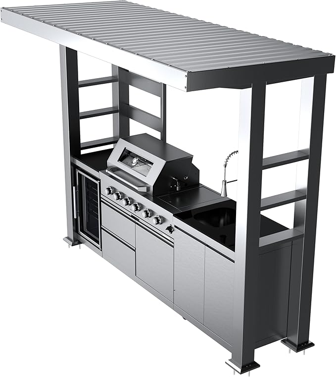 110-Inch 4-Burner 72000 BTU Stainless Steel Natural Gas Grill Outdoor Kitchen Island with Canopy,485Sq.In Cooking Area,Wine Cooler,Refrigerator,Rotisserie,For Backyard BBQ,Silver
