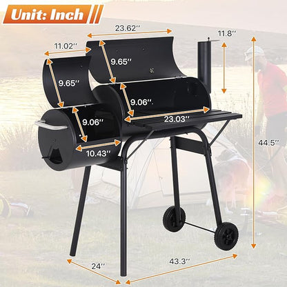 Charcoal Grill Outdoor BBQ Grill 43 Inch Portable Camping Grills with Offset Smoker & Pulleys for Picnics Parties Patio,Black