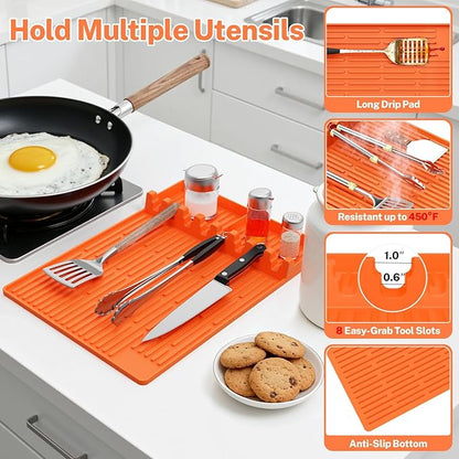 Silicone Grill Mats for Outdoor Grill - Heat Resistant Griddle Mat for BBQ Tools & Griddle Accessories, Easy to Clean Reusable Side Shelf Pad for Cooking, Grilling, Kitchen Counter (Orange)