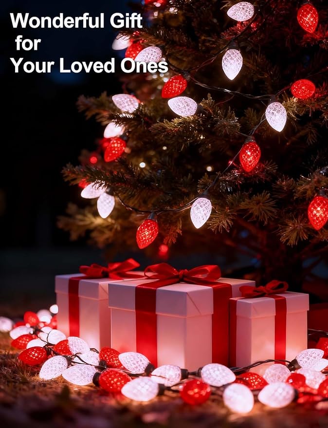 C9 Red White Strawberry Solar String Lights, 31FT 50 LED Ultra Bright Fairy Lights, 8 Modes IP65 Waterproof Green Wire for Outdoor Christmas Wedding Valentine Garden Decor