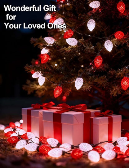 C9 Red White Strawberry Solar String Lights, 31FT 50 LED Ultra Bright Fairy Lights, 8 Modes IP65 Waterproof Green Wire for Outdoor Christmas Wedding Valentine Garden Decor