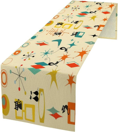 Mid Century Cat Table Runner, Retro Atomic Starburst Vintage Stars 50 60s Abstract Geometric Space Dinner Runner Table Decoration for Home Kitchen Dining 13"x36"
