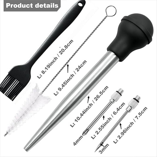 Turkey Baster Set of 5, Turkey Baster Syringe for Cooking, Meat Injector Baster &2 Needles&2 Cleaning Basting Brush, 18/8 Stainless Steel Baster for Flavor Meat Poultry, Beef&Chicken Teal