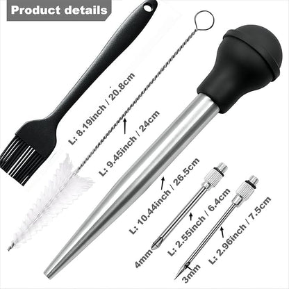 Turkey Baster, Stainless Steel Turkey Baster Syringe for Cooking, Meat Injector Baster Set&2 Needles&2 Cleaning Basting Brush, 18/8 Steel Baster for Flavor Meat Poultry, Beef&Chicken Ect Black