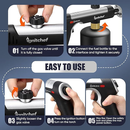Propane Torch Gun with One-Touch Max Fire, Kitchen Blow Torch with a Safety Lock for Sous Vide Searing Steak, Grill, Charcoal Starter, Campfire (Propane Tank Not Included)