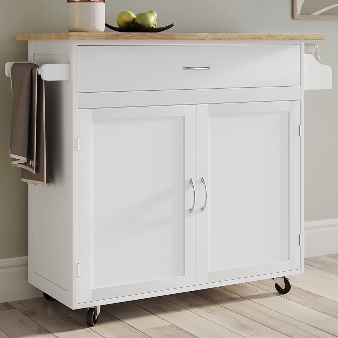 Lavish Home Mobile Kitchen Island with Spice Rack & Storage Cabinet, White | Rolling Cart with Drawers for Coffee Bar, Adjustable Shelves, Towel Rack, Counter Space, Microwave Stand with Storage Shelves