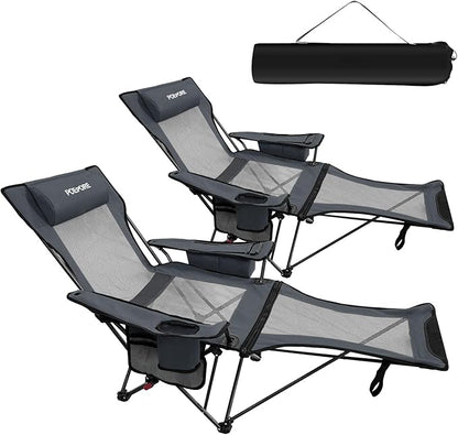 2-Pack Reclining Camping Chair 4 Position with Foot Rest Comfortable for Adults 265Ibs Folding Lounger Mesh Beach Chair with Cooler Bag and Cup Holder for Outdoor Patio