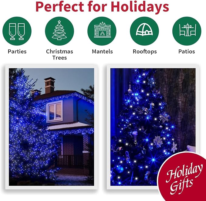 33FT 100 LED Blue White String Lights, 16 Modes Plug In Mini Fairy Lights, Waterproof Outdoor Christmas Lights for Hanukkah, July 4th Patriotic Decor, Xmas Tree Garland Bedroom Ocean Party Decoration