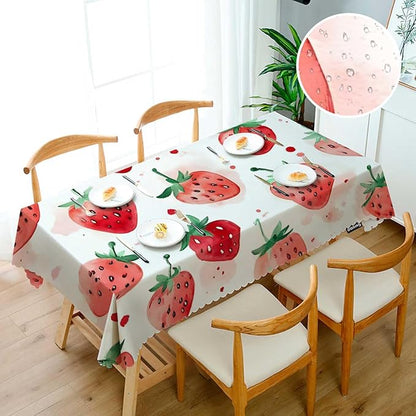 Swono Strawberry Red Tablecloth Summer Fruits Strawberry Leaves Decorative Table Cover for Kitchen, Party Banquet and Holiday Tablecloth, 52x70 Inch(4-6 Seats)