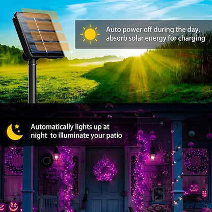 SyouHome 4-Pack Solar String Lights,156Ft Extra-Long 400 LED Waterproof Solar Halloween Lights, 8 Modes for Garden, Patio, Wedding (Purple & Orange)