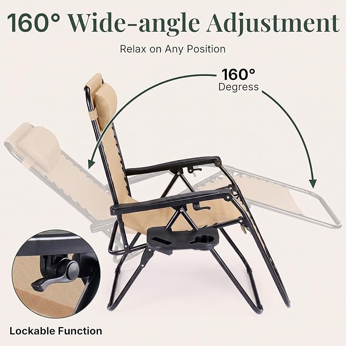 Zero Gravity Chairs Set of 4, Outdoor Folding Lounge Chairs | Foldable Reclining Patio Lawn Chairs with Mesh Back, Adjustable Pillows and Cup Holder Trays, for Pool, Beach, Backyard