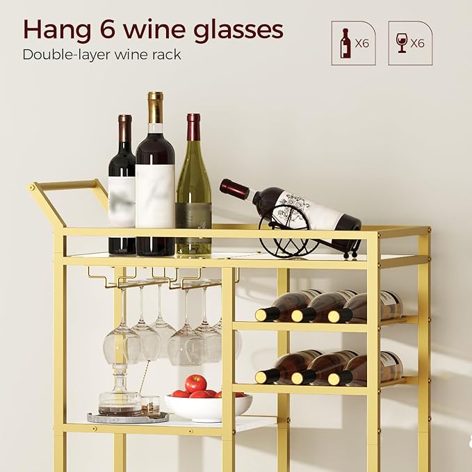 MAHANCRIS Bar Cart for Home, 3-Tier Serving Cart with Glass Top, Beverage Cart with Wine Rack and Glass Holder, Drink Cart with Wheels, for Dining Room, Living Room, Gold and White RCJM71B01