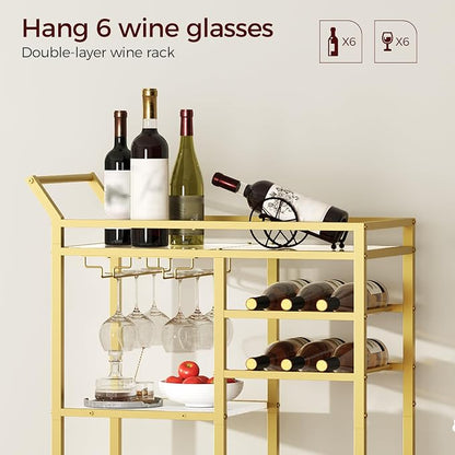 MAHANCRIS Bar Cart for Home, 3-Tier Serving Cart with Glass Top, Beverage Cart with Wine Rack and Glass Holder, Drink Cart with Wheels, for Dining Room, Living Room, Gold and White RCJM71B01