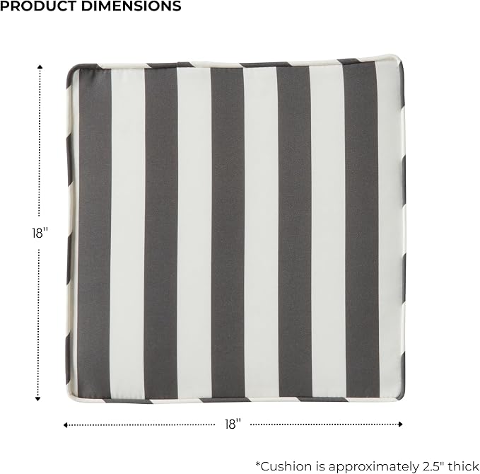 Outdoor 18 inch Square Patio Dining Chair Pads – Comfortable Fiber-Filled Seat Cushions with Ties, Reversible Polyester Fabric - Canopy Stripe Gray, Set of 2