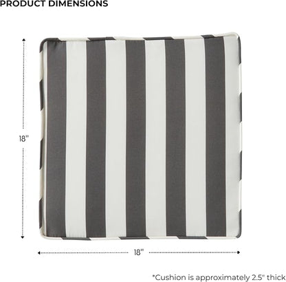 Outdoor 18 inch Square Patio Dining Chair Pads – Comfortable Fiber-Filled Seat Cushions with Ties, Reversible Polyester Fabric - Canopy Stripe Gray, Set of 2