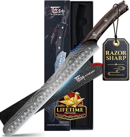 SYOKAMI Brisket Slicing Knife, 12 Inch Multifunction Carving Knife for Meat Cutting, Japanese Style Meat Slicer with Wood Full Tang Handle, Damascus Pattern Long Slicing for Roast Beef, Ideal for Gift