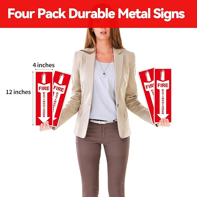 (4 Pack) Fire Extinguisher Signs – Strong Self Adhesive Fire Extinguisher Sign for Business, 12x4 Inch Aluminum Fire Extinguisher Signs Weather Resistant and Easy to Install (Red)