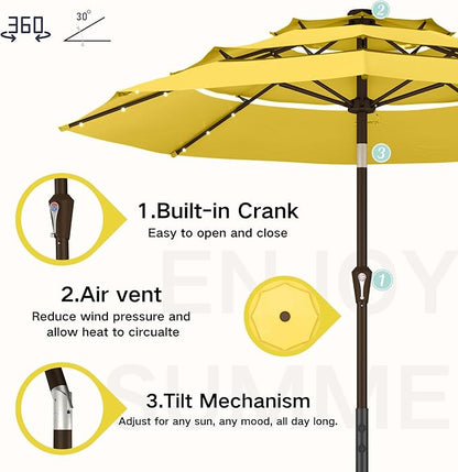 Kingdura 9ft 3-Tier Patio Umbrella with Solar Lights, Table Umbrella Outdoor Patio with Easy Crank & Tilt, 8 Sturdy Ribs, UV Protection, 32 LED Lights for Deck, Poolside, Market (Yellow)