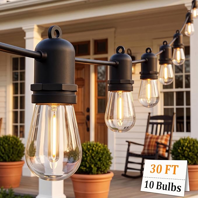 S14 Outdoor String Lights 30FT, Waterproof Patio Lights with 11 Shatterproof LED Bulbs (1 Spare), UL Certified Commercial Grade Black Wire Hanging Lights for Outdoor, Indoor, Backyard, Porch