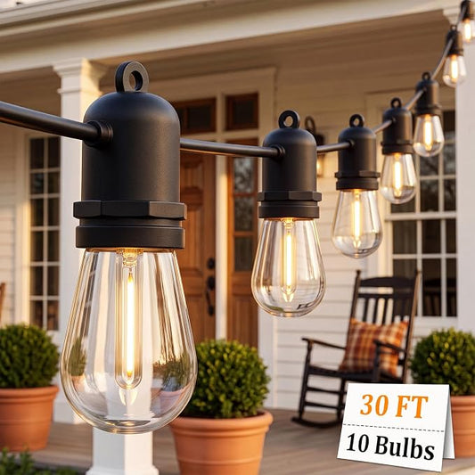 S14 Outdoor String Lights 30FT, Waterproof Patio Lights with 11 Shatterproof LED Bulbs (1 Spare), UL Certified Commercial Grade Black Wire Hanging Lights for Outdoor, Indoor, Backyard, Porch
