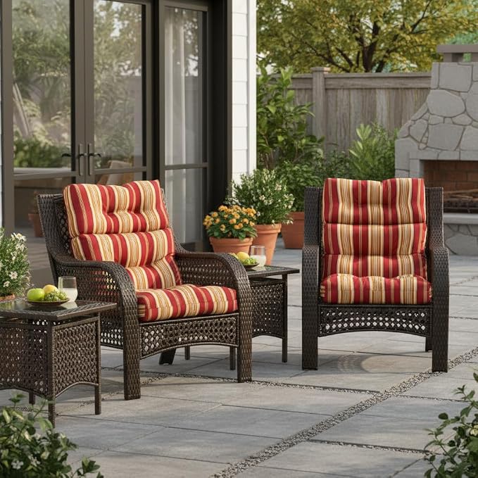 Outdoor Tufted High-Back Chair Cushions, One-Piece Hinged Seat and Back Design, Reversible with 4 Ties, Durable Polyester Fabric, Recycled Fiber Fill - Set of 2, Roma Stripe