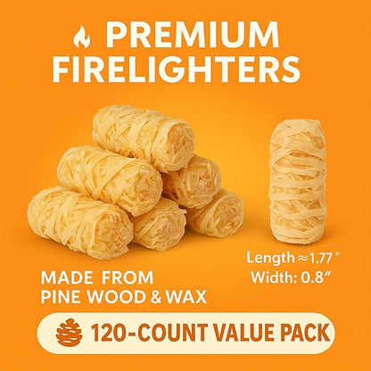 120 PCS Fire Starter – Natural Wax & Sawdust Wood Igniters for Grill, Fireplace, Camping Accessories, BBQ, and Cooking – All-Weather, 10 Min Burn